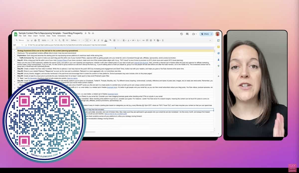 Example of a YouTube video using a QR code to promote a free content planning template, showing how travel vloggers can link viewers to resources or freebies.