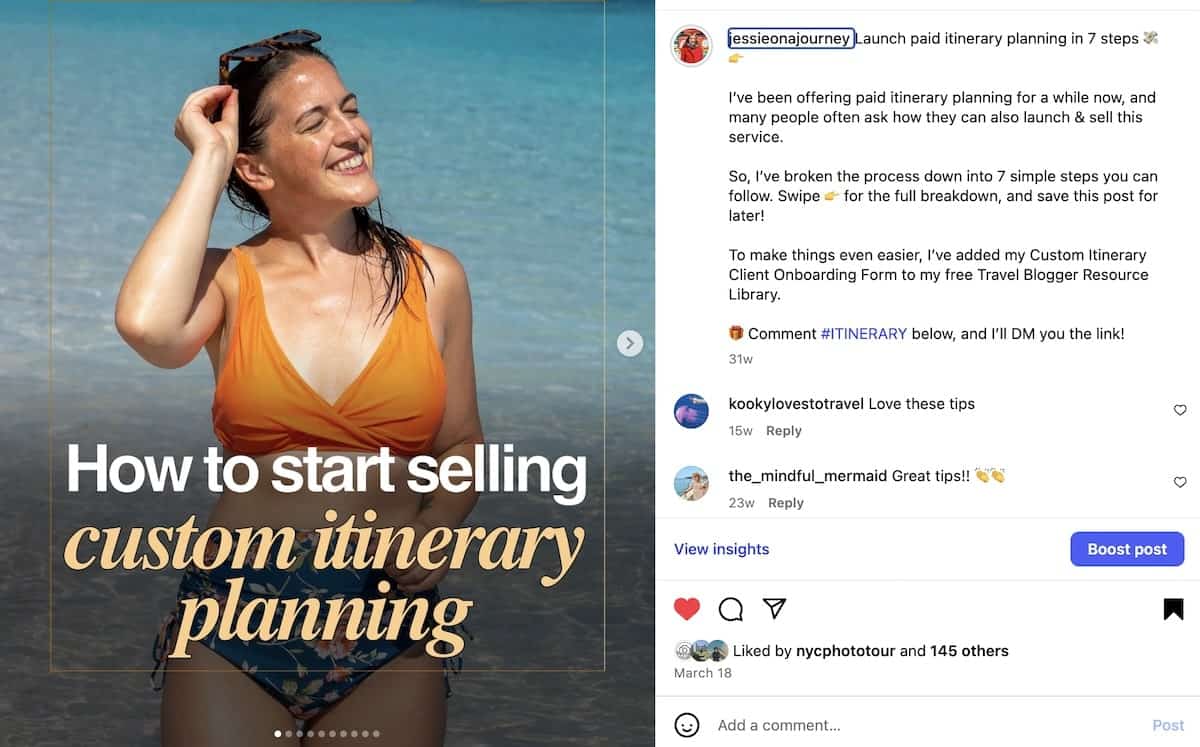 Instagram post showing a travel creator promoting custom itinerary planning with a ManyChat keyword prompt