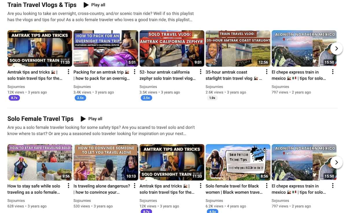 YouTube playlists from travel vlogger Sojourner White featuring train travel vlogs and solo female travel tips, showcasing travel vlogging content about Amtrak trips, Mexico trains, and solo travel safety.