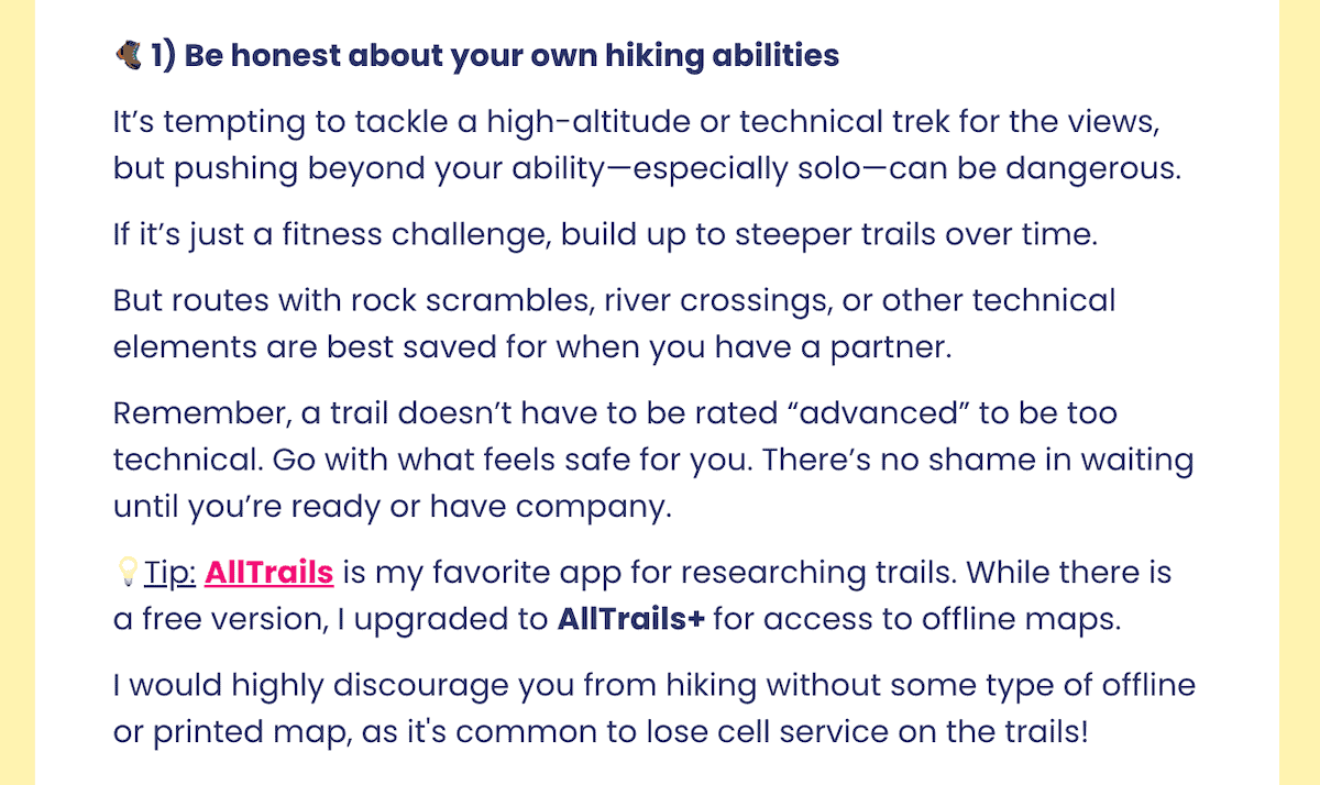 an example of an affiliate link in a newsletter about hiking solo