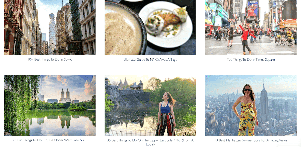 visual of NYC travel guides from an NYC topic cluster