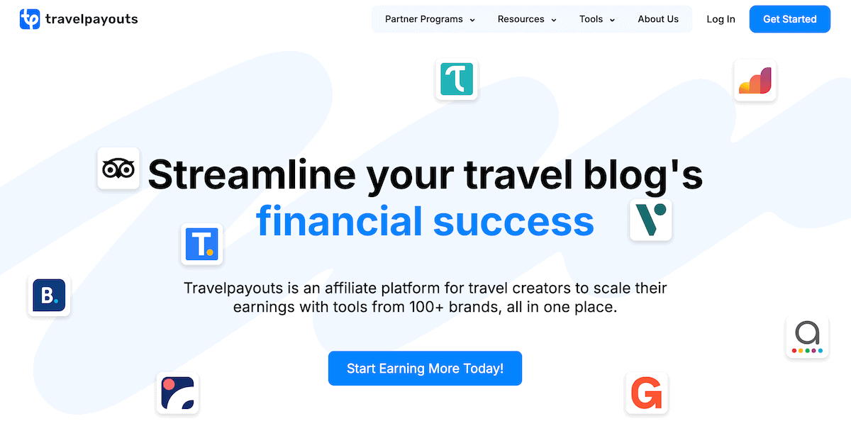 Promotional image for Travelpayouts, including their Content Analytics tool for auditing blog content
