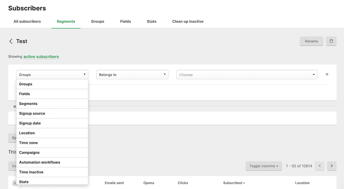 Screenshot showing an email marketing dashboard for segmenting travel newsletter subscribers by groups, signup source, location, or engagement stats.