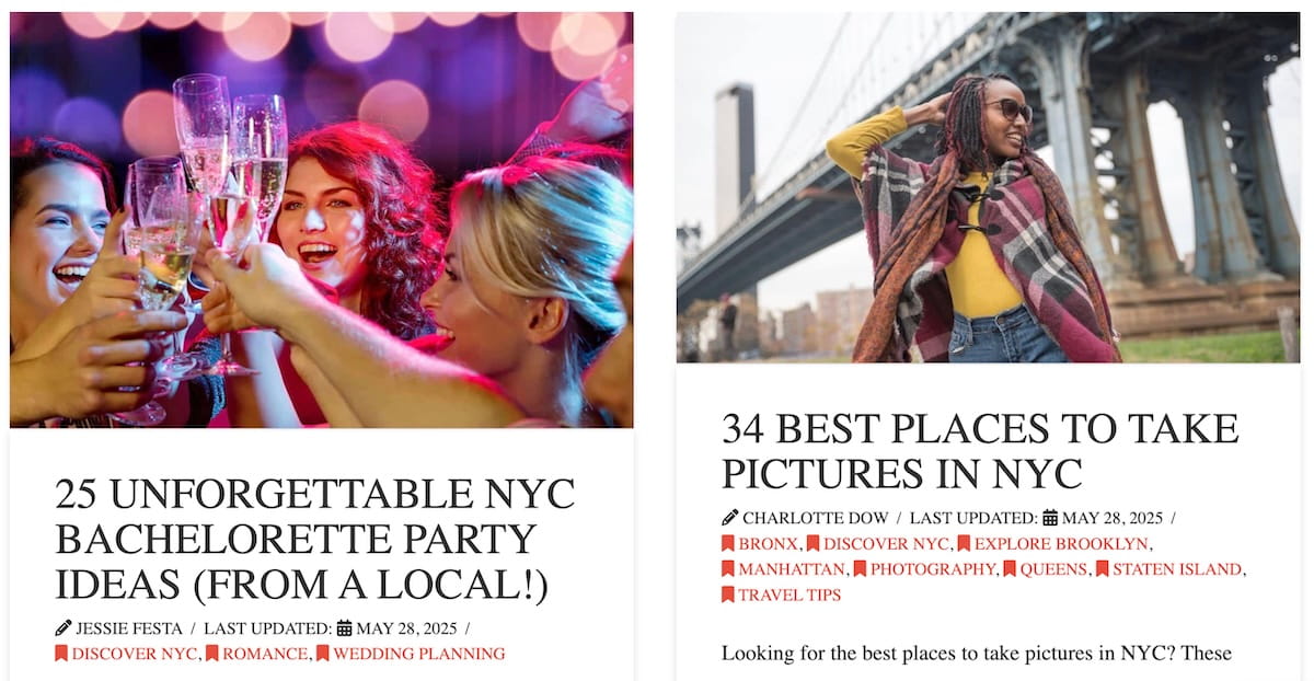 Two travel blog post previews showing high-authority, local-expert titles designed to attract specific travel audiences. One post covers 'NYC Bachelorette Party Ideas' and the other 'Best Places to Take Pictures in NYC,' demonstrating how to use niche topics and expert authority to build trust with readers.