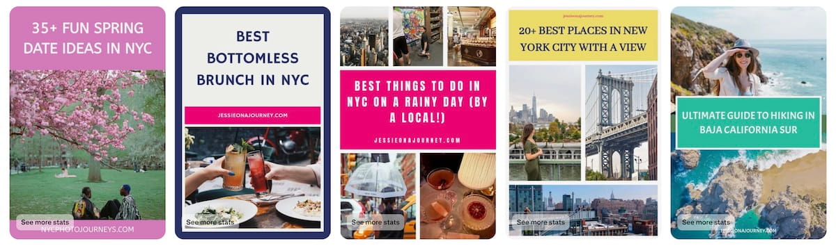 Five Pinterest pin examples for a travel blog, featuring high-authority titles like "Best Bottomless Brunch in NYC" and "Ultimate Guide to Hiking in Baja California Sur," demonstrating how to use a visual search engine to grow organic traffic.