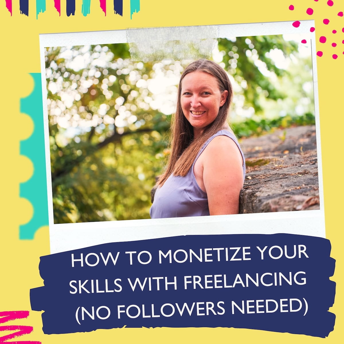 female freelancer smiling at the camera with trees behind her
