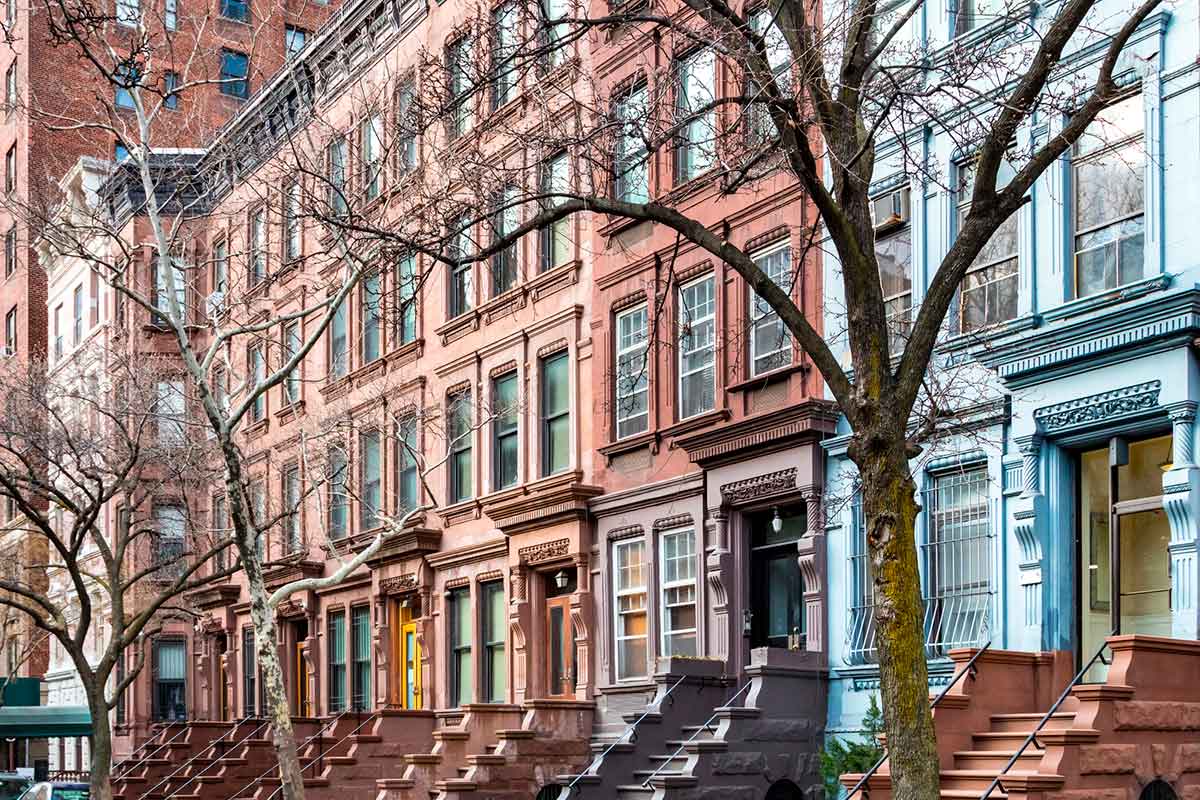 Row of historic brownstone buildings in the Upper West Side of Manhattan in New York City.
