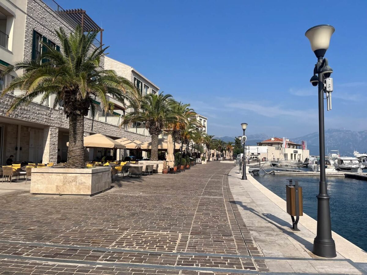 A modern marina promenade in Porto Montenegro, Tivat, lined with tall palm trees and upscale stone-clad buildings. Yellow-cushioned outdoor cafรฉ seating sits to the left, while luxury yachts are docked along the calm waterway to the right. Mountains are visible in the distance under a clear blue sky.