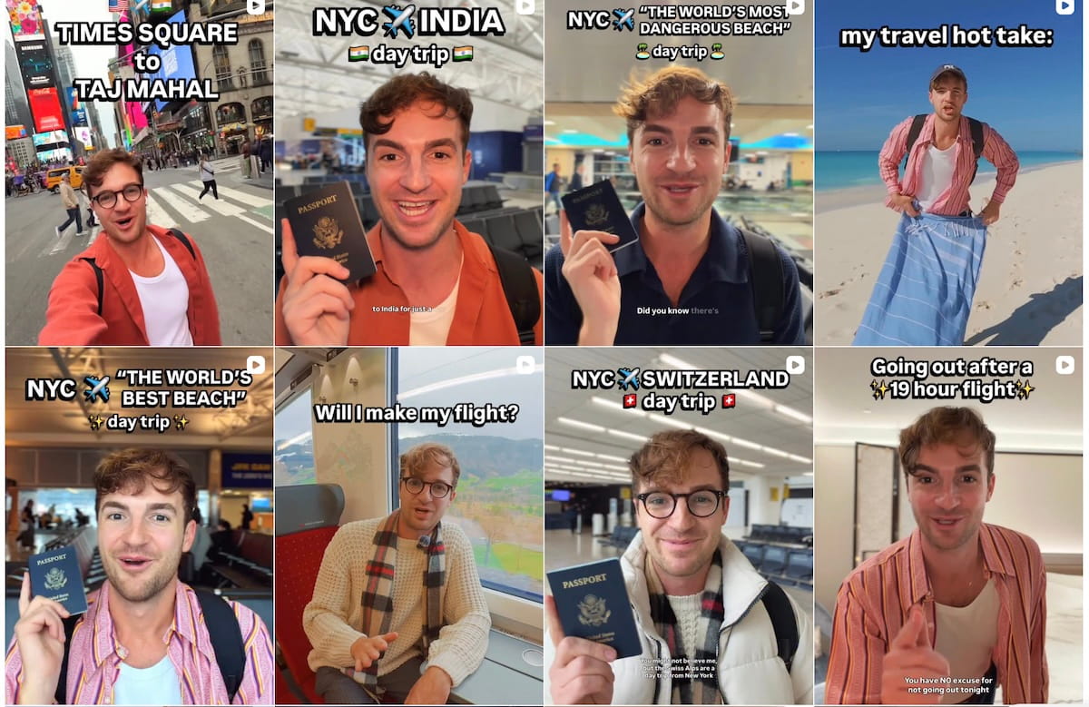 A collage of eight Instagram reel covers from travel influencer Kevin Droniak, showcasing his viral "international day trip" series. Each frame features Kevin, a young man with brown hair and glasses, speaking enthusiastically to the camera in various settings including Times Square, airport terminals, and airplanes. Several covers show him holding up his blue U.S. passport with bold text overlays such as "NYC to India day trip," "NYC to Switzerland day trip," and "Times Square to Taj Mahal." The vibrant thumbnails capture a high-energy, fast-paced travel aesthetic.