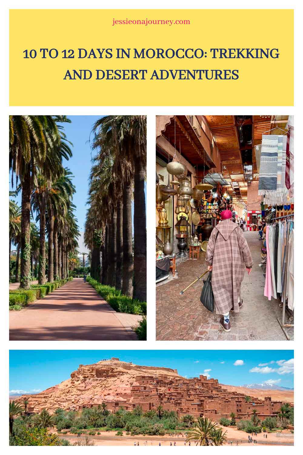 Collage promoting a 10 to 12 day Morocco itinerary featuring palm-lined walkways, a traditional Marrakech market, and a desert village landscape beneath the title โ10 to 12 Days In Morocco: Trekking And Desert Adventures.โ