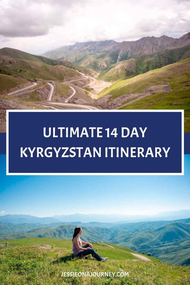 Pinterest-style graphic titled โUltimate 14 Day Kyrgyzstan Itinerary,โ featuring photos of mountains in Kyrgyzstan.