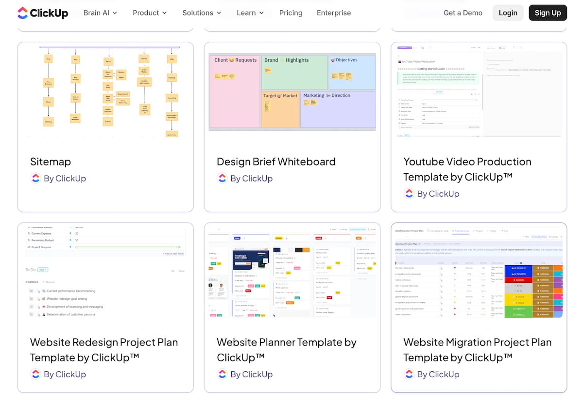 A grid of six official project management templates on the ClickUp website interface. The featured templates include a Sitemap diagram, Design Brief Whiteboard, YouTube Video Production Template, Website Redesign Project Plan, Website Planner Template, and a Website Migration Project Plan.