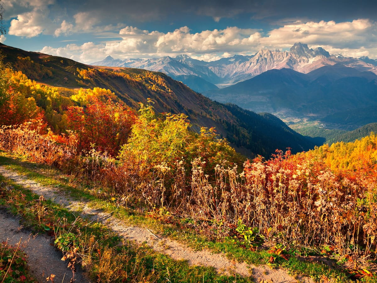 A dirt hiking trail winds along a steep mountain ridge covered in vibrant red, orange, and golden autumn foliage, overlooking a deep forested valley and the massive, rugged peaks of the Caucasus Mountains under a partly cloudy sky in Svaneti, Georgia.