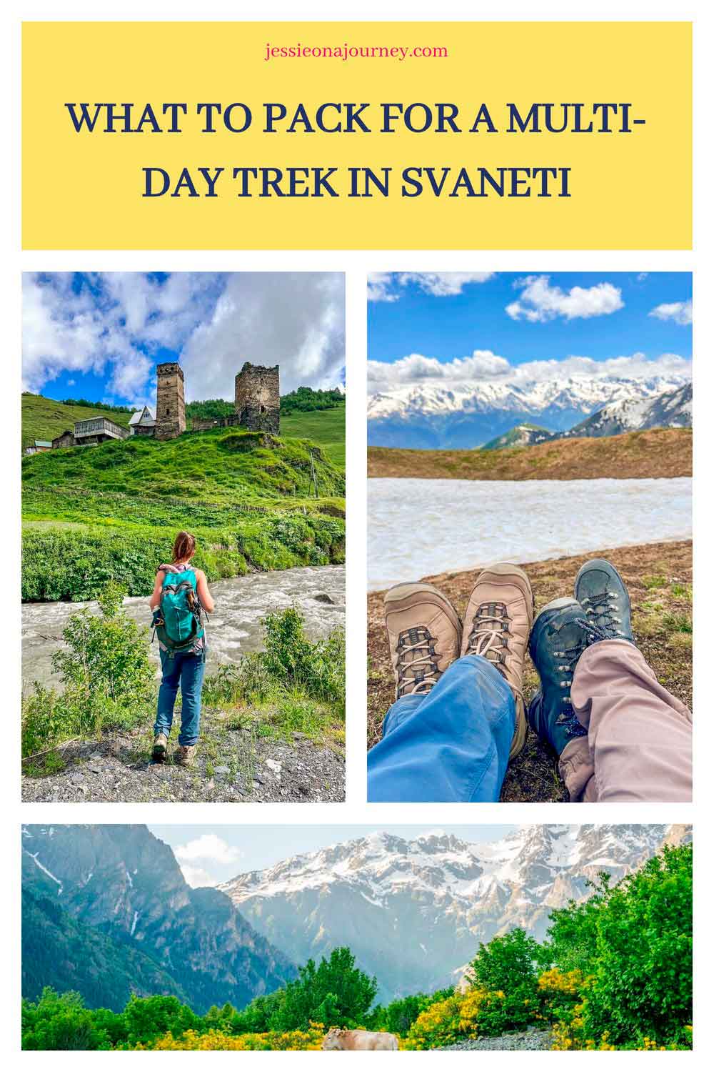 Pinterest pin that reads "What to pack for a multi-day trek in Svaneti" and shows three photos of mountain landscapes in Svaneti, Georgia.