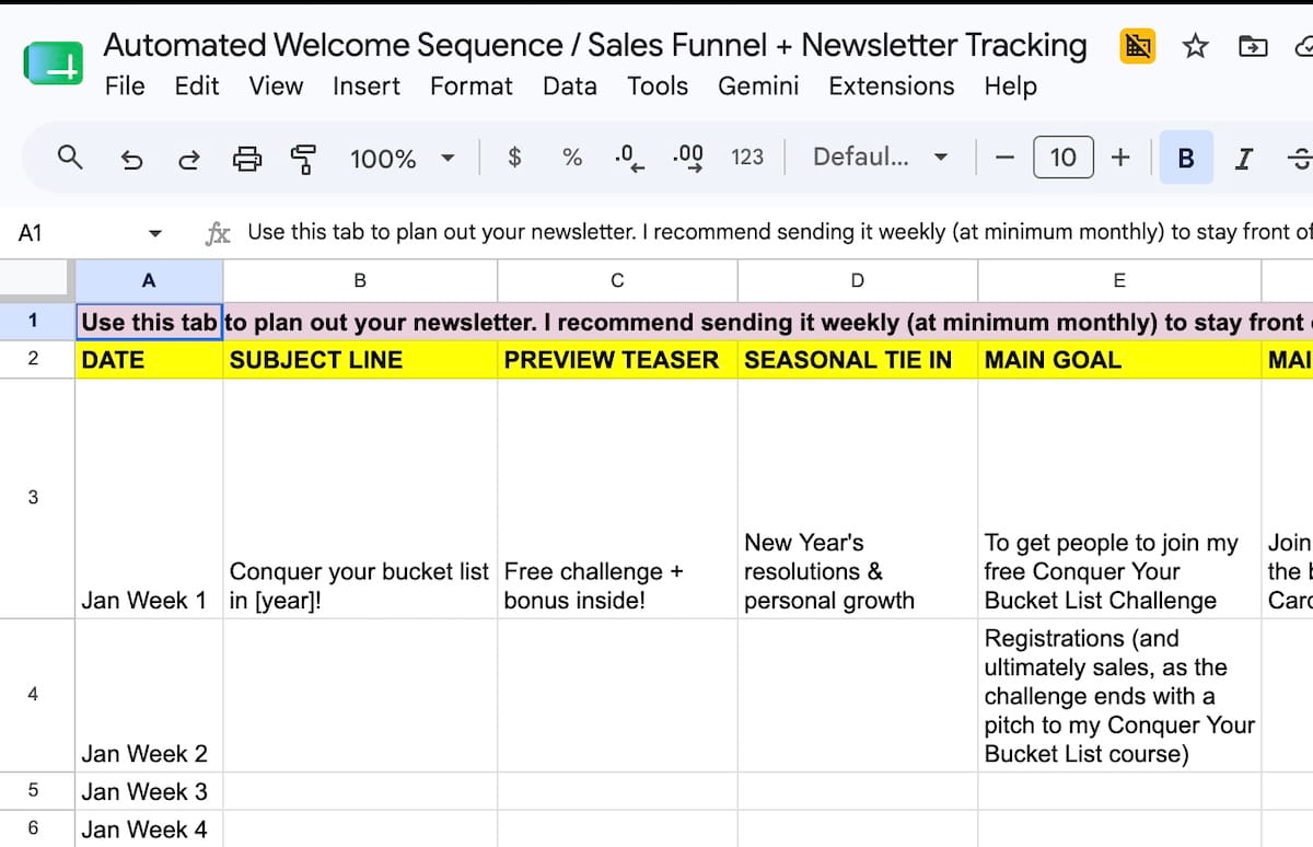 A preview screenshot of a Google Sheets spreadsheet titled "Automated Welcome Sequence / Sales Funnel + Newsletter Tracking". The sheet shows columns for tracking email details including Date, Subject Line, Preview Teaser, Seasonal Tie In, and Main Goal, with an example row filled out for January Week 1.