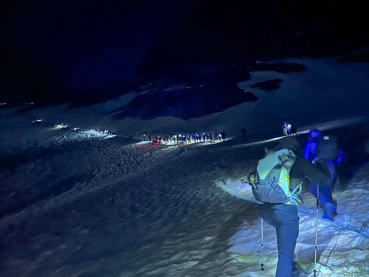 A view from behind a hiker with a backpack and trekking poles climbing a steep, snowy mountain slope in pitch-black darkness. In the distance, a long line of other trekkers wearing illuminated headlamps winds up the dark mountainside during a night hike on Mount Toubkal, Morocco.