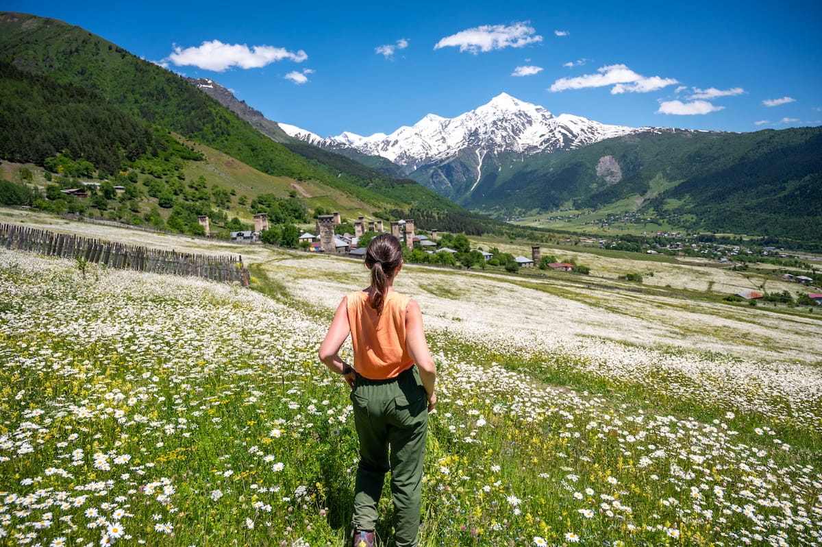 A female hiker looking out over an expansive field of white daisy wildflowers in Lakhiri, featuring a historic village with medieval stone towers and the majestic, snow-capped Mount Tetnuldi rising under a blue sky in Svaneti, Georgia.