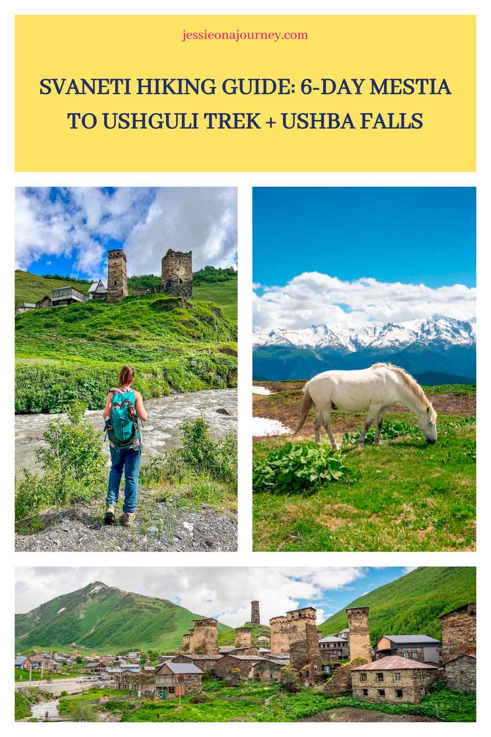 Pinterest graphic featuring scenic mountain valleys, medieval stone towers and wild horses in Georgia's Svaneti region.
