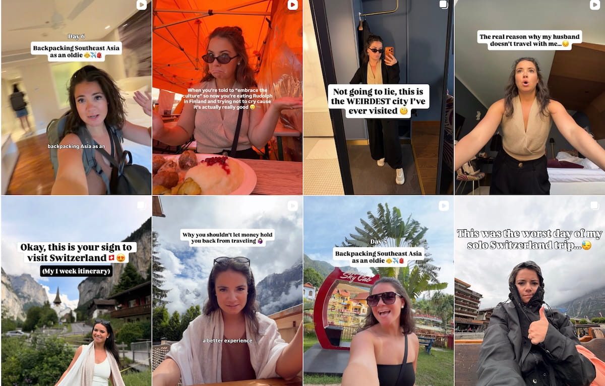 A 2x4 grid layout showcasing eight Instagram Reel cover thumbnails from the creator emilyeatsandexplores. Each thumbnail features prominent text overlays over personal photos or videos of the creator in various travel settings.