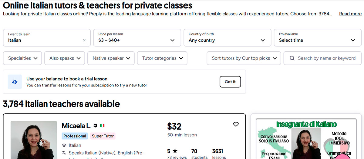 A screenshot that shows how to filter tutors on Preply.