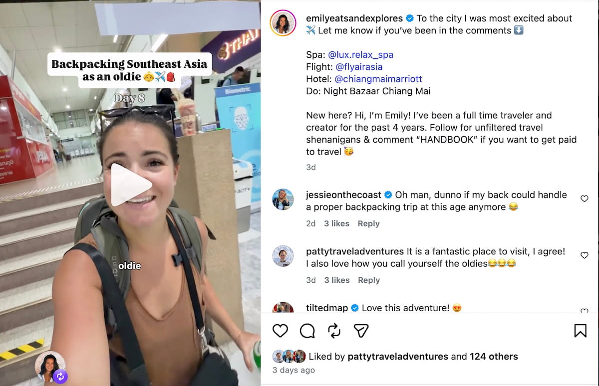 A split-screen screenshot showing an Instagram Reel post on the left and its caption and comments section on the right. On the left, a smiling woman carrying a large green backpacking pack speaks directly into the camera inside an airport terminal, with a white text overlay that reads "Backpacking Southeast Asia as an oldie" and a play button. On the right, the caption from verified user emilyeatsandexplores tags local handles for a Chiang Mai trip, followed by comments from other travel creators.