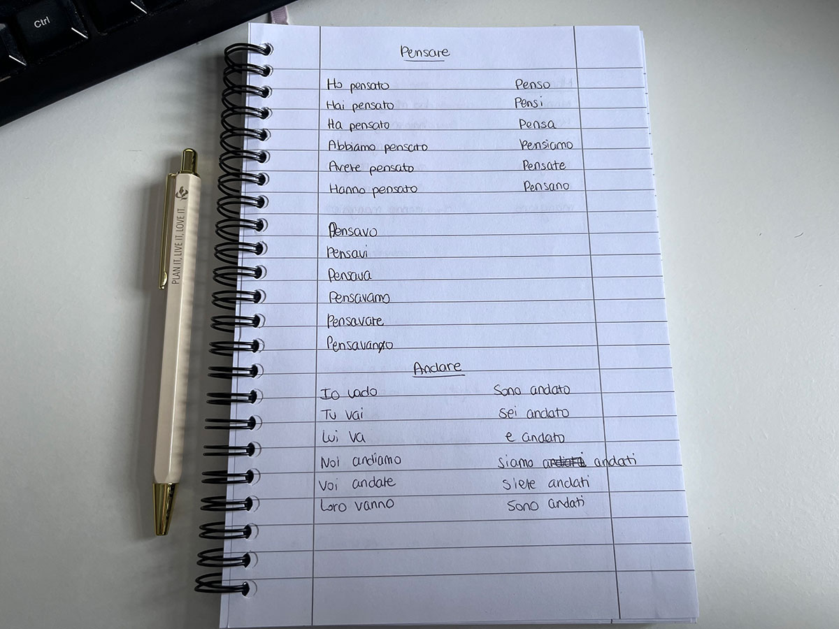 A close up photo of a notebook with grammar tenses in Italian.