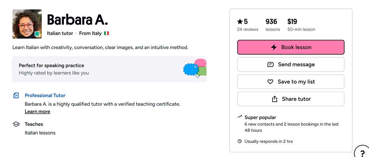 A screenshot of a Preply tutor profile who teaches Italian.