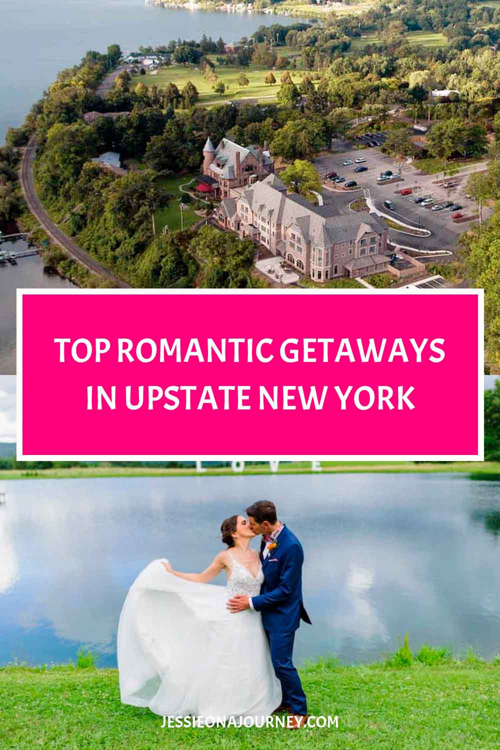 Pinterest graphic titled “Romantic Getaways in Upstate New York,” featuring a resort and a married couple.