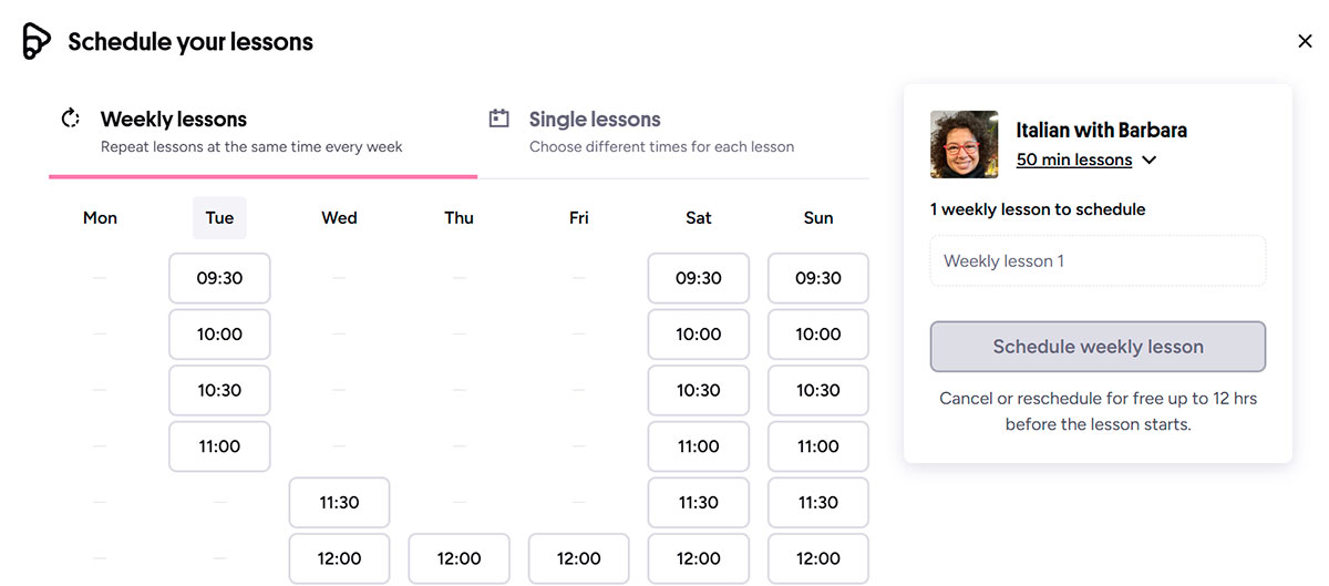 A screenshot of how to schedule lessons on Preply.