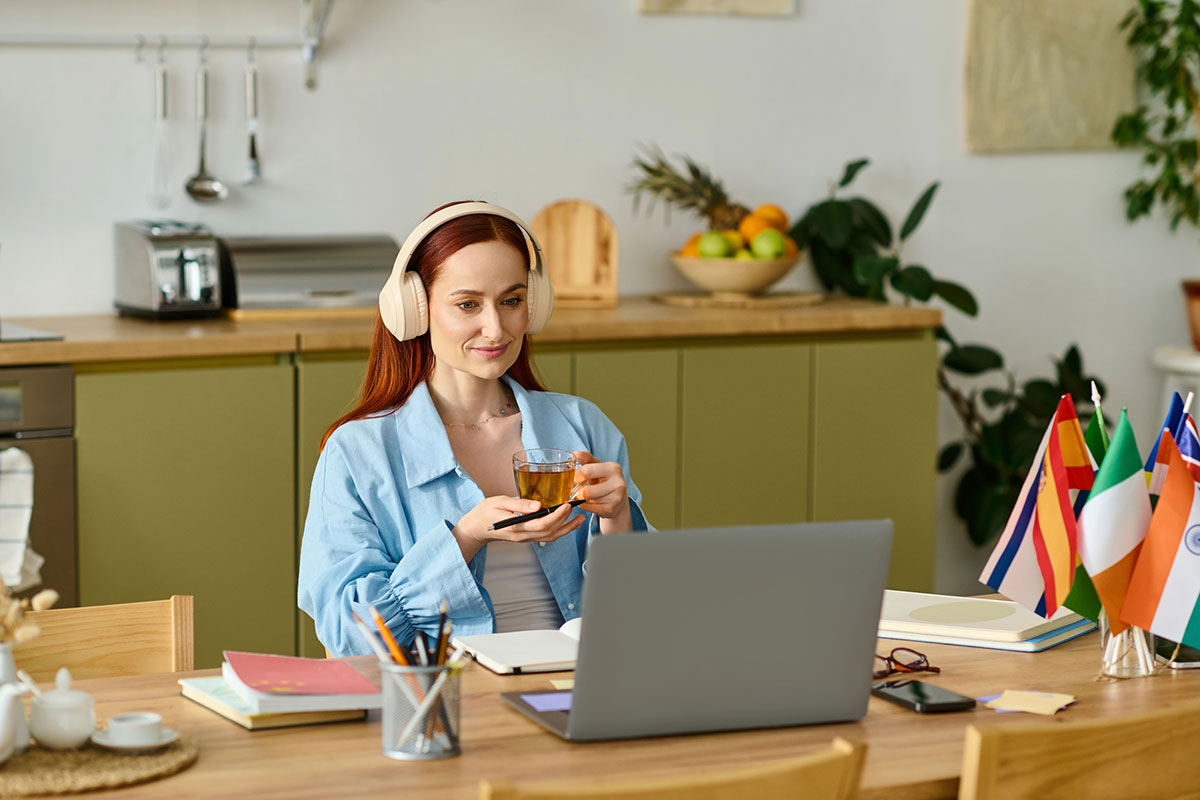 A woman with red hair learning languages online on Preply while sipping tea in her warm home office.