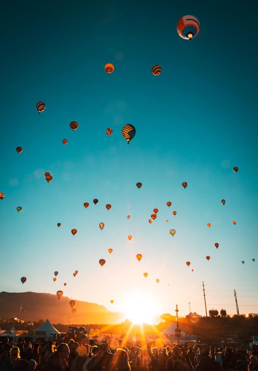 sunset over the hot air balloons at the Albuquerque Balloon Fiesta