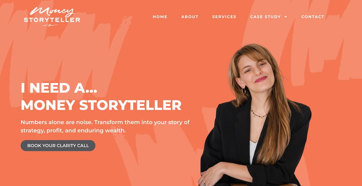 A screenshot of the homepage website header for Money Storyteller. The page features a vibrant terracotta-orange background with subtle painted brushstroke textures and white navigation text at the top reading "HOME," "ABOUT," "SERVICES," "CASE STUDY," and "CONTACT." On the left, bold white text reads "I NEED A... MONEY STORYTELLER" above a subheadline: "Numbers alone are noise. Transform them into your story of strategy, profit, and enduring wealth." A charcoal grey button below says "BOOK YOUR CLARITY CALL." On the right, a smiling woman with strawberry blonde hair, wearing a black blazer and gold necklace, leans forward against a surface.