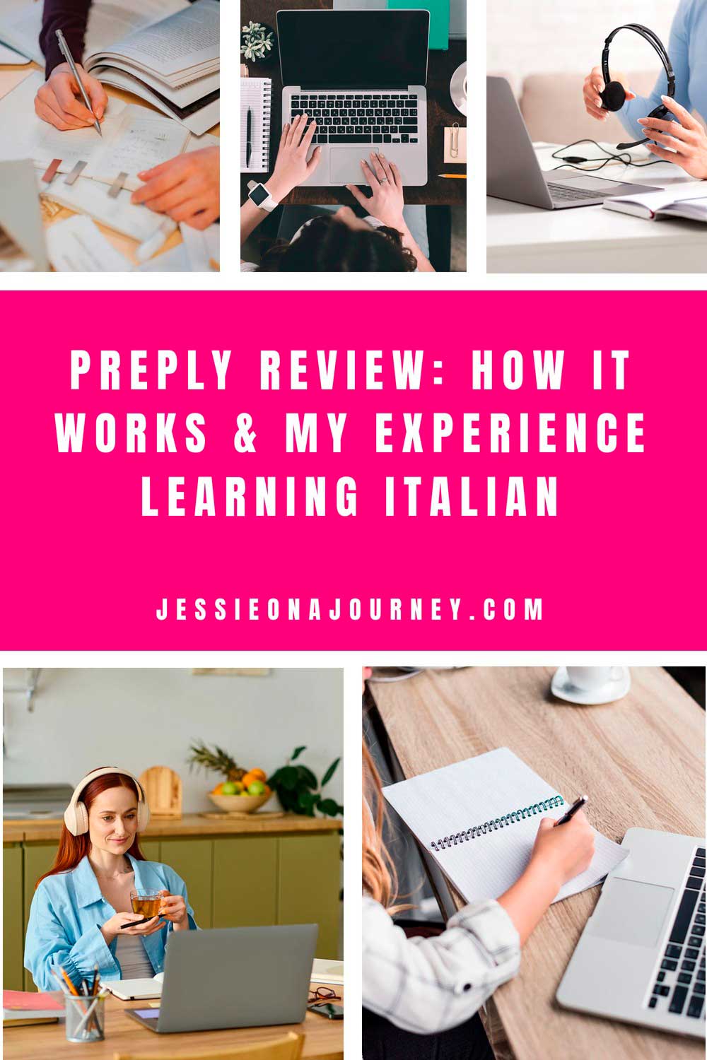 Pinterest graphic featuring people studying, taking online lessons and writing notes, promoting a Preply review covering how the language-learning platform works and personal experience learning Italian.