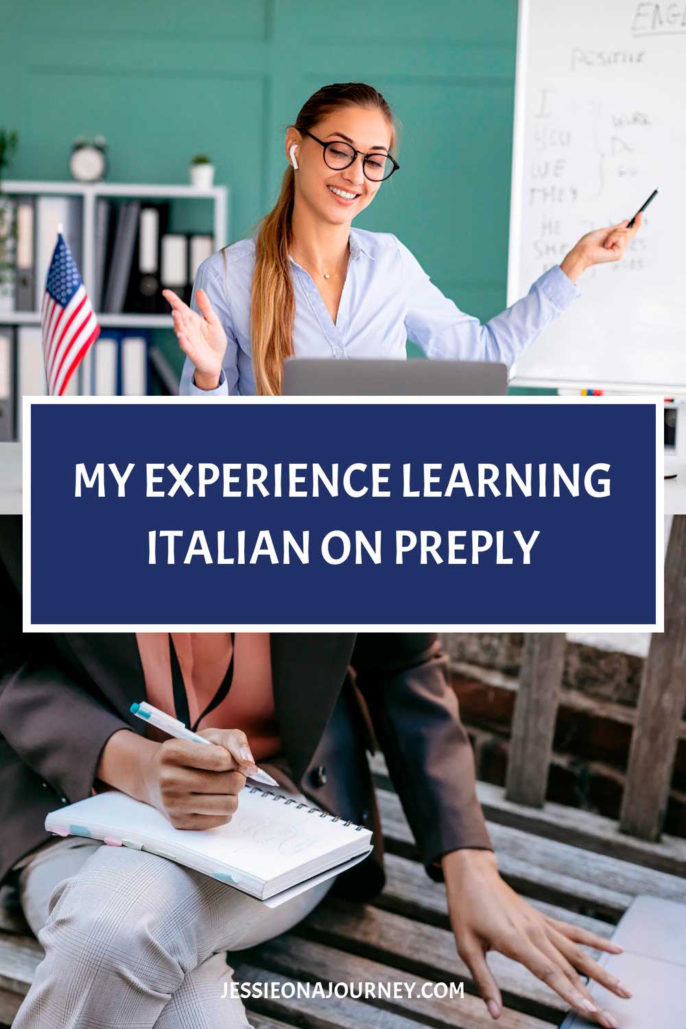 Pinterest graphic featuring an online language teacher and a student taking notes, promoting a personal review of learning Italian on Preply.