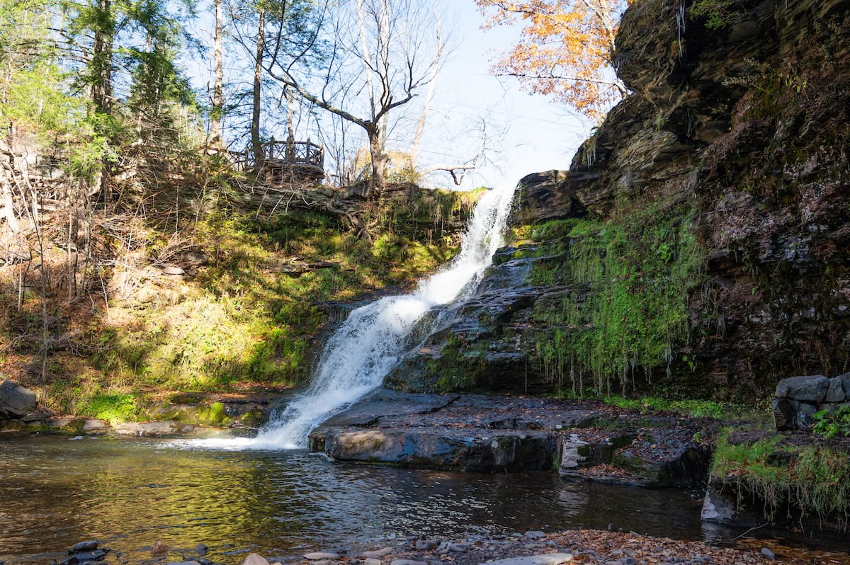 A full view of Stratton Falls in Roxbury, NY, cascading down a dark, mossy rock cliff into a clear pool of water below. On the cliff directly above the waterfall, a wooden observation deck sits tucked among tall evergreen and autumn trees. Sunlight illuminates the moss and foliage along the rock face, while fallen autumn leaves line the edge of the stream.