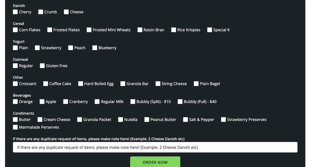 A screenshot of an online guest breakfast ordering form for The Roxbury Motel, displayed on a dark background. The form presents multiple-choice checkboxes organized under headings including Danish, Cereal, Yogurt, Oatmeal, Other, Beverages, and Condiments, with selections like croissants, hard-boiled eggs, juices, bubbly, and spreads, followed by a text field for special requests and a bright green "ORDER NOW" button at the bottom.